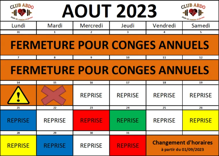 Planning mois d'Août, Bayonne, CLUB ABDO